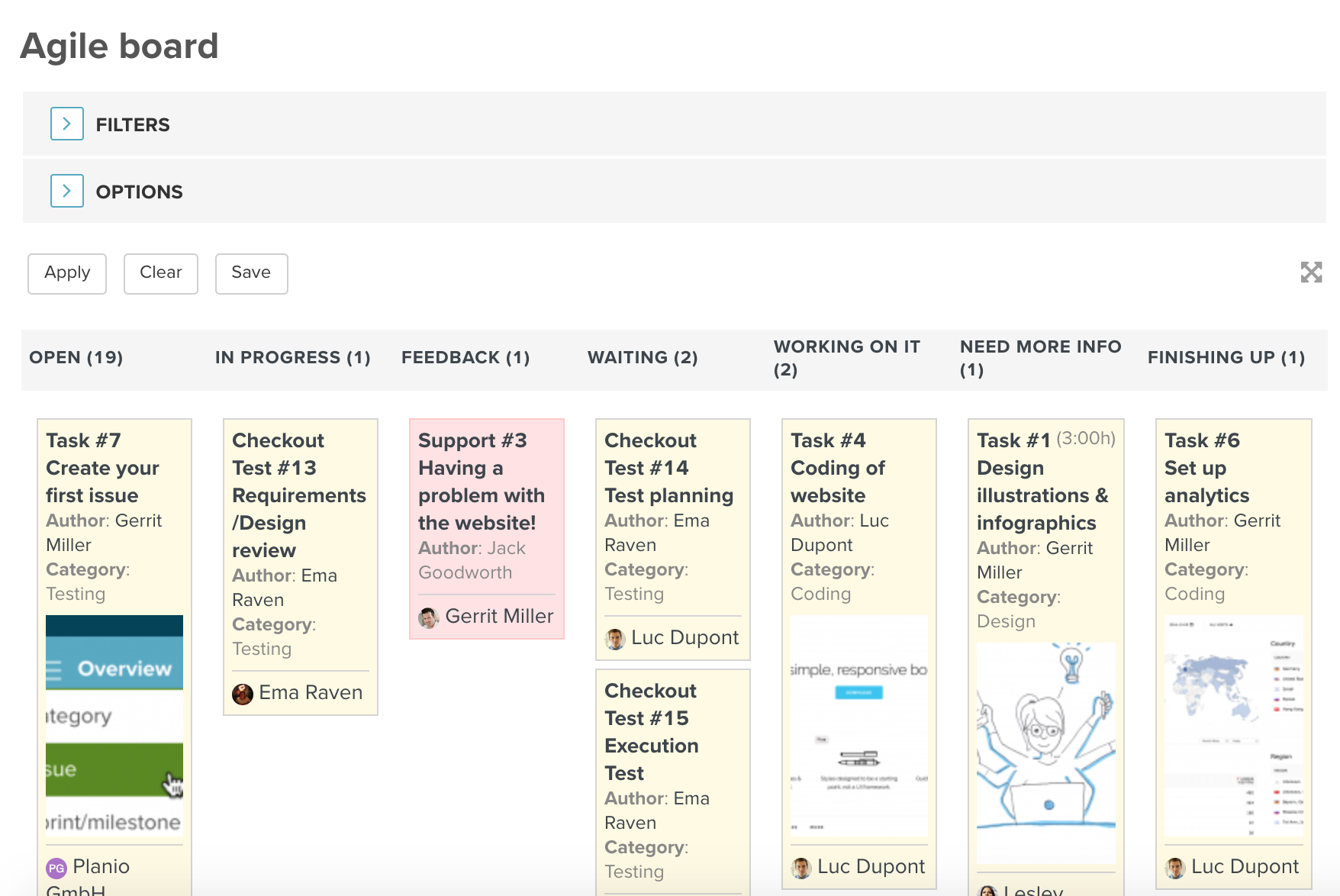 Planio screenshot of an Agile Board coloured according to the issue priorities