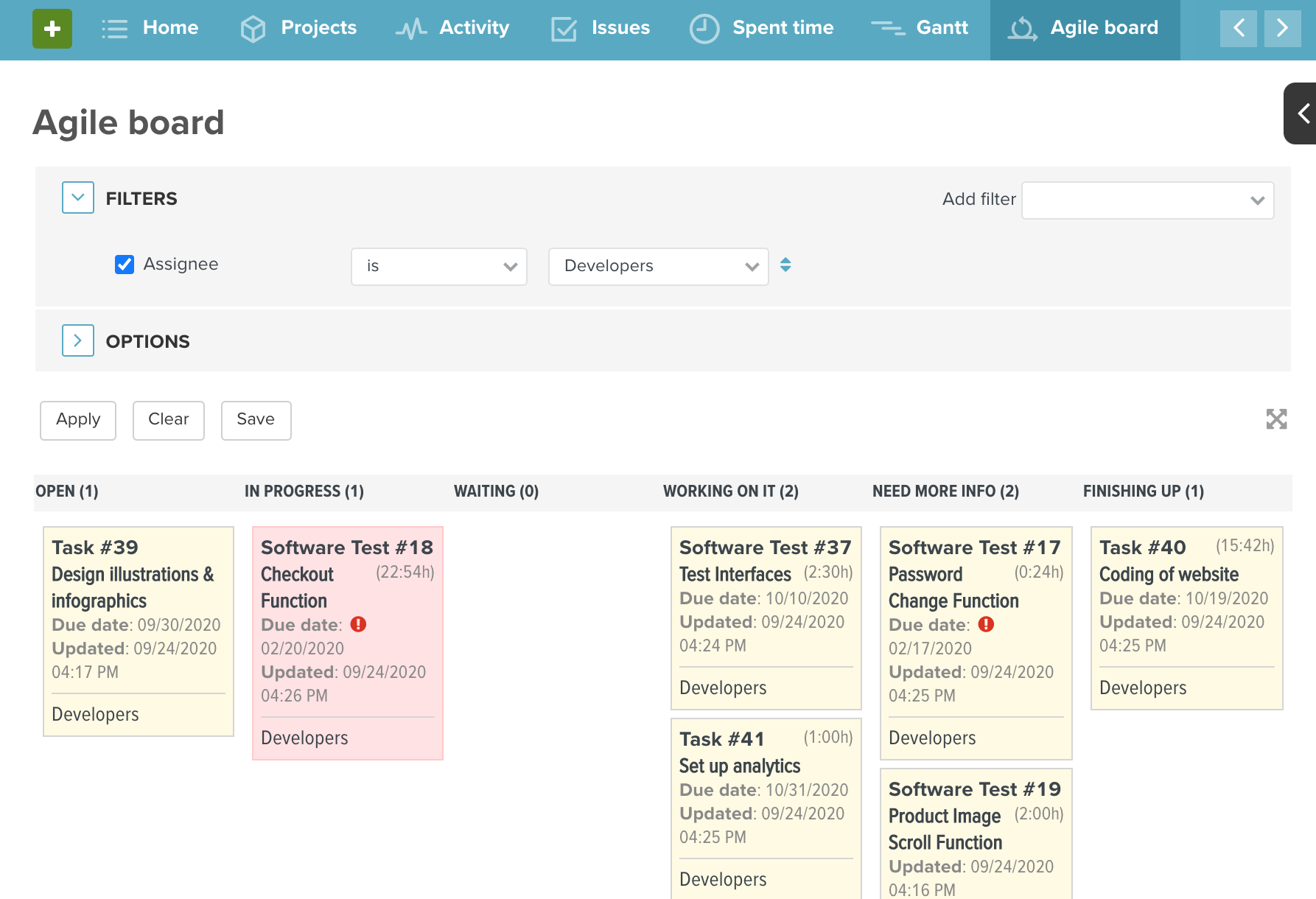 Agile Board with Assignee set to Developers