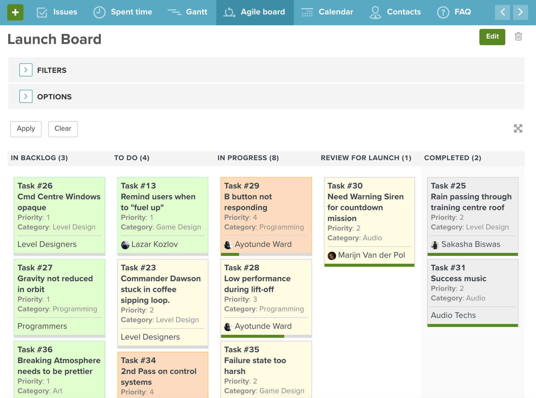 Screenshot of Planio Agile board. You can see who the issues are assigned to, how far along they are, what status they are in and the latest comments