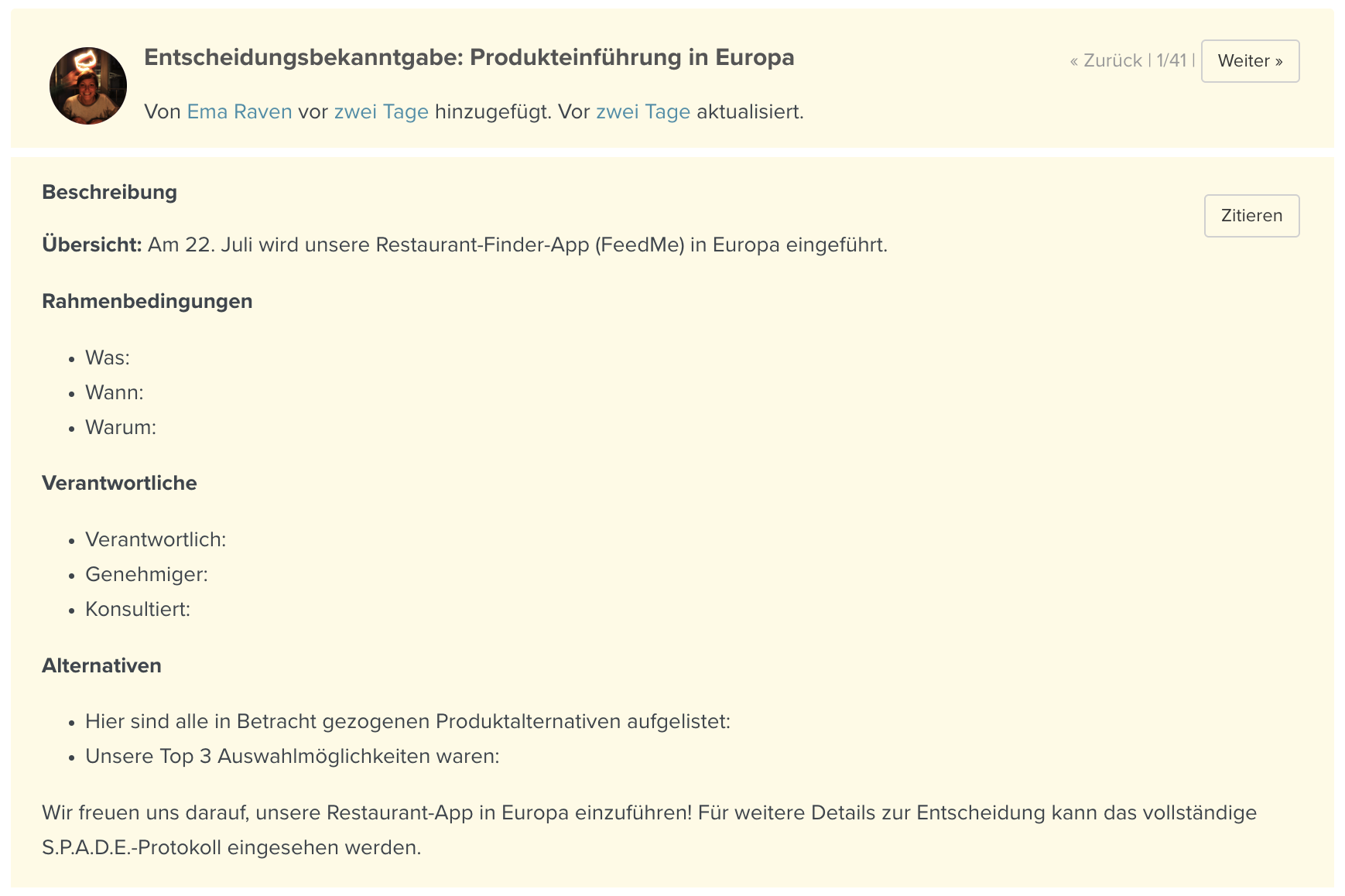 Screenshot eines Planio Aufgabe, der zeigt, wie eine Aufgabe für die Bekanntgabe einer Entscheidung vorbereitet wird.