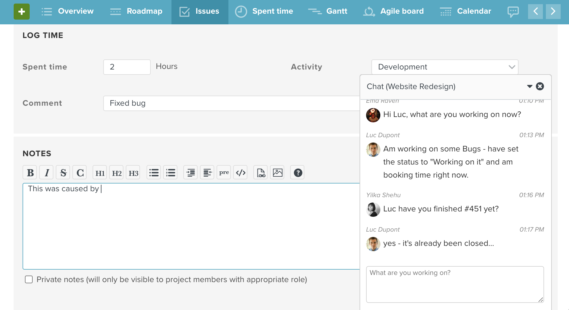 Screenshot of Planio showing the Planio Team Chat box open and users aksing questions
