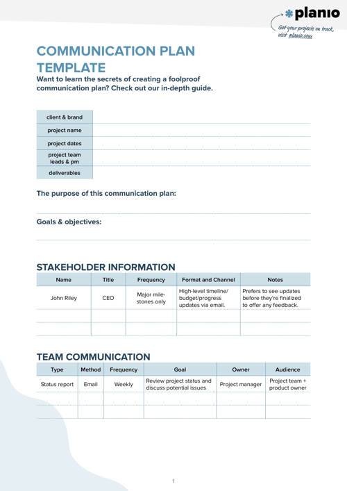 Communication plan template screenshot