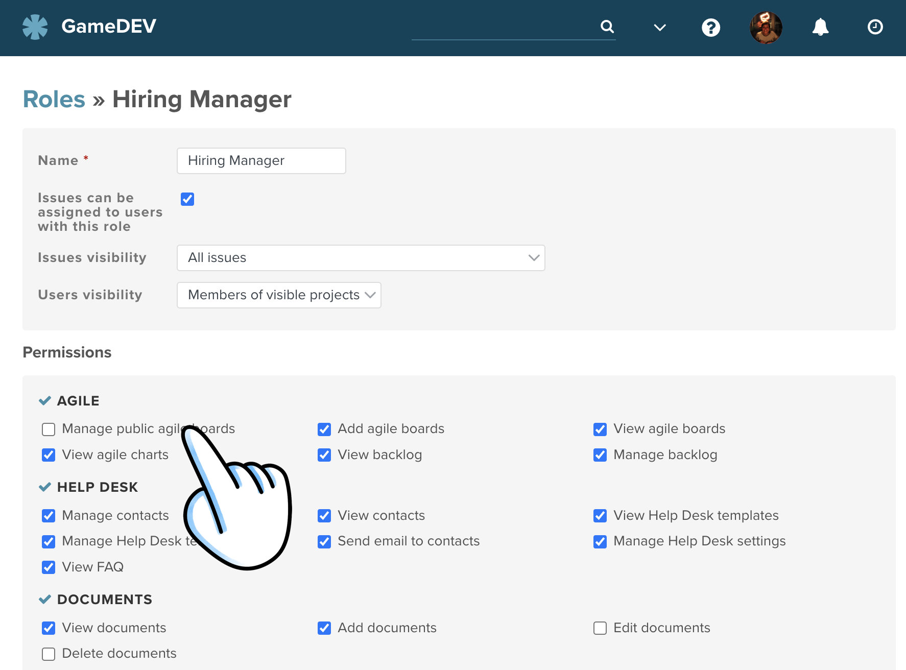 Screenshot showing how to set up a new role for the hiring manager