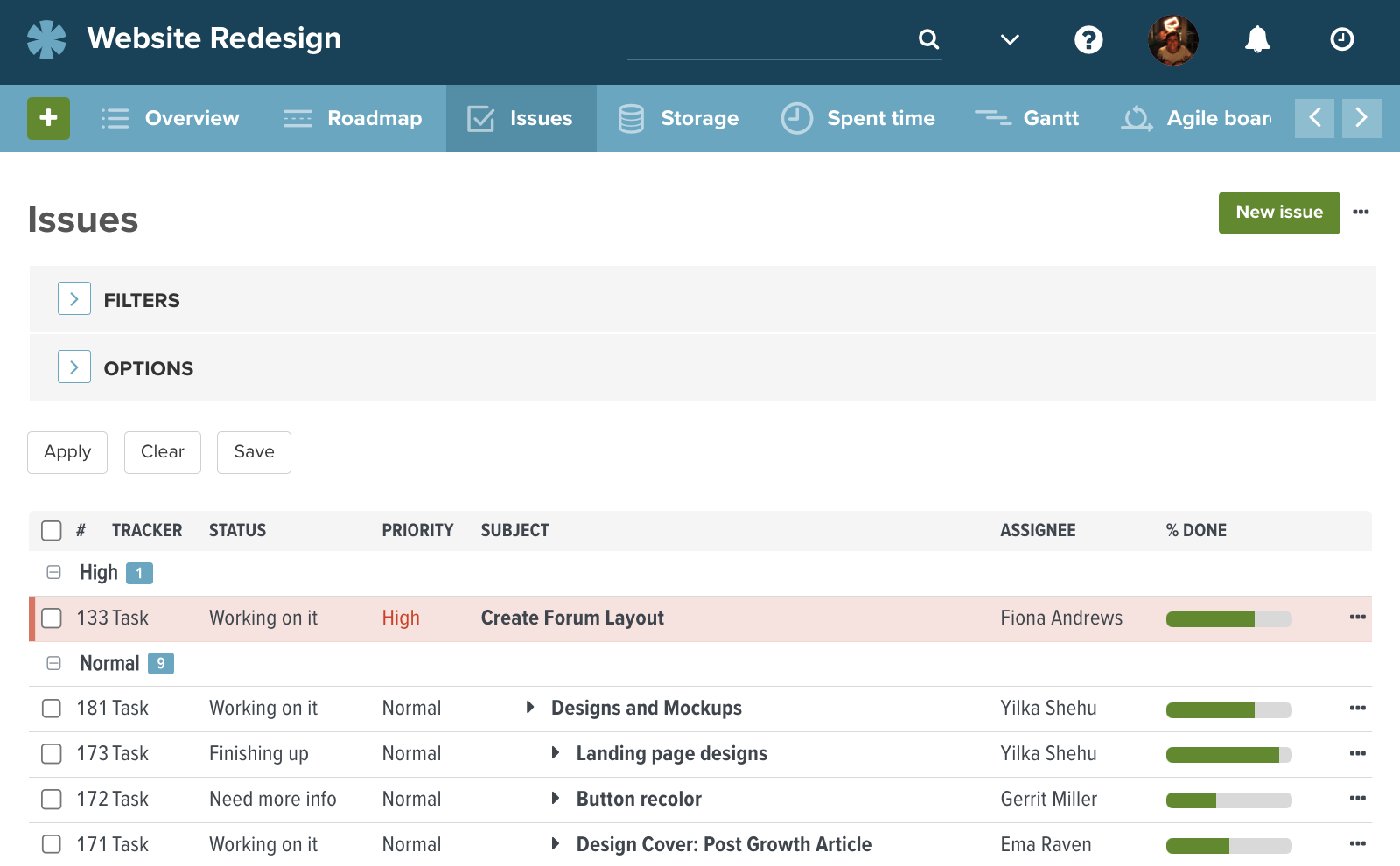 Planio board showing the progress of a creative project