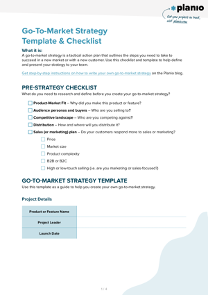Go to market strategy template and checklist screenshot