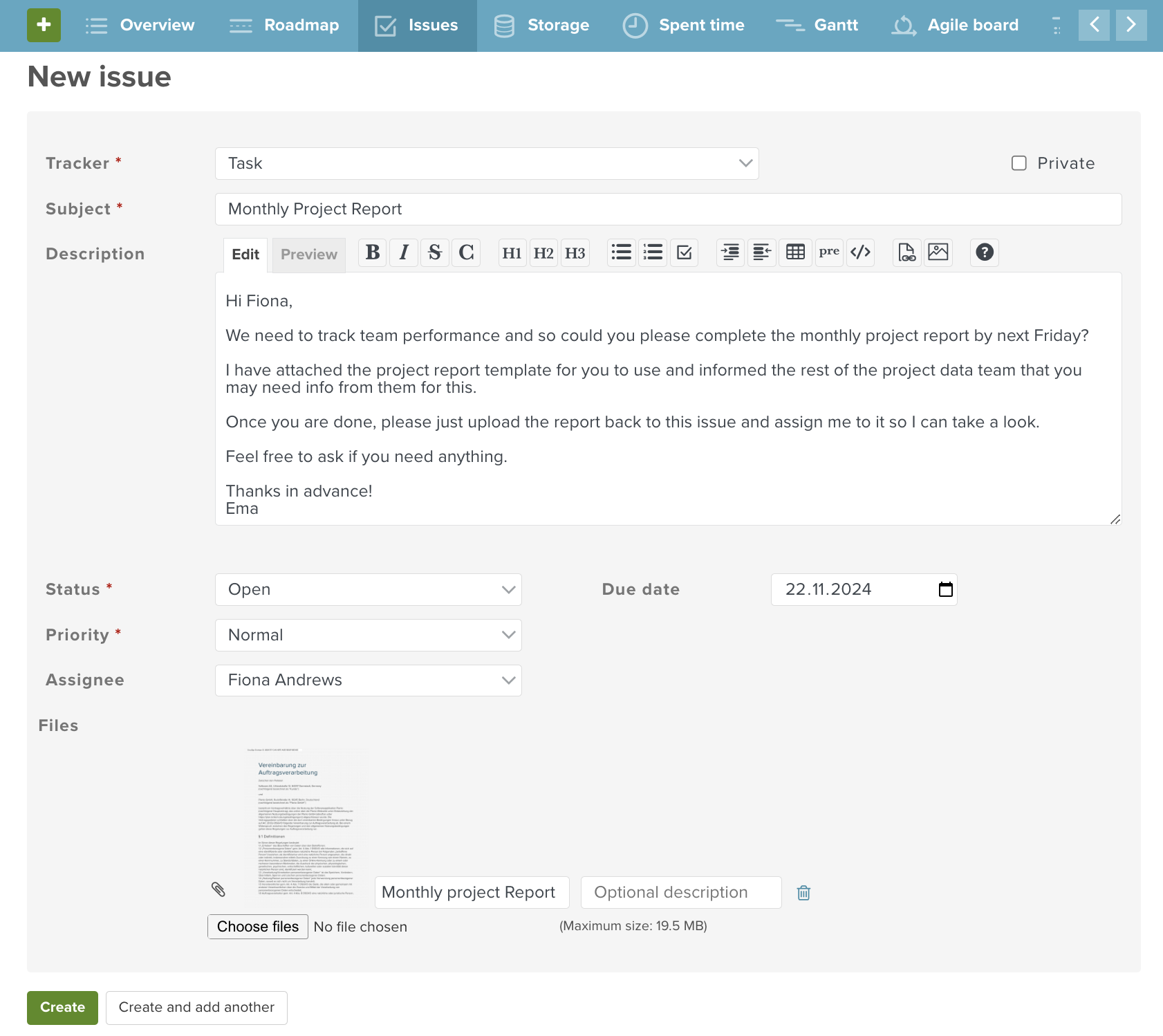 Issue showing a task being delegated and including all information reccomended for good delegation