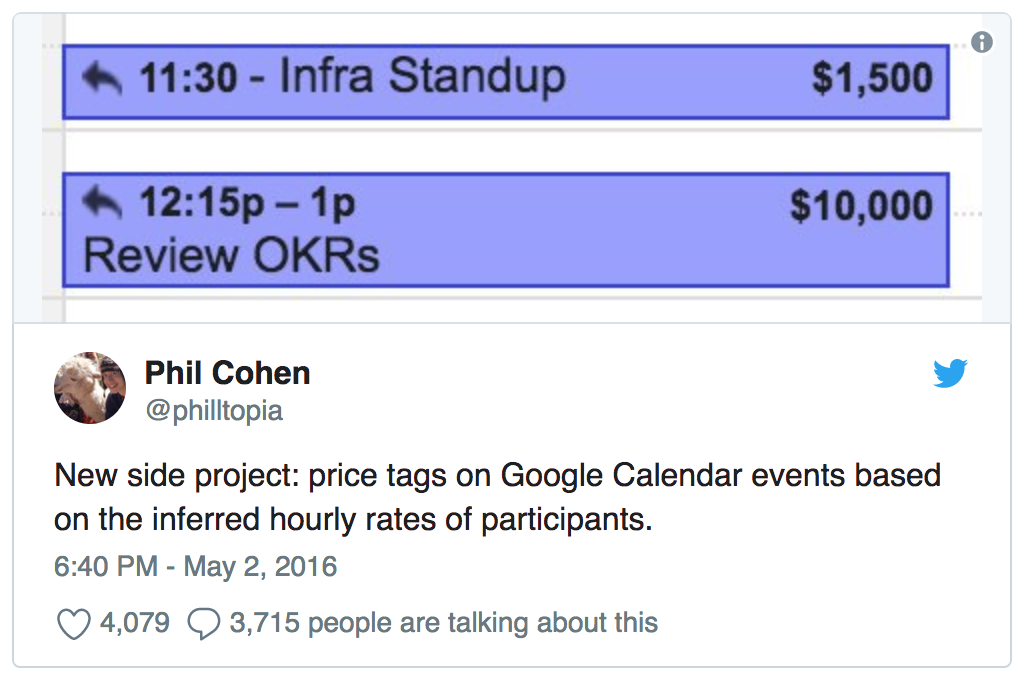 Tweet: New side project: price tags on Google Calendar events based on the inferred hourly rates of participants.