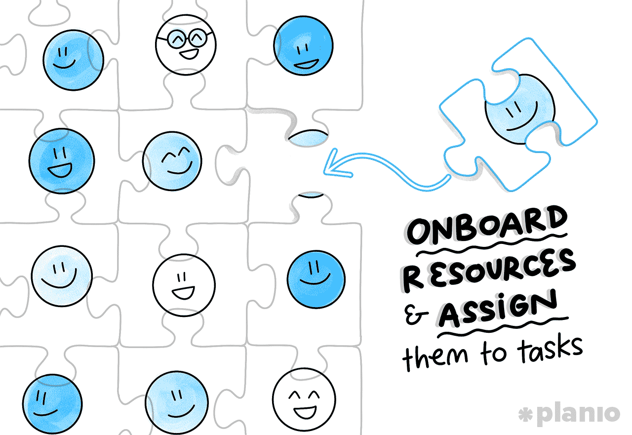 Onboard resources and assign them to tasks with a resource allocation plan: Illustration showing a jigsaw puzzle with one piece being slotted into place.