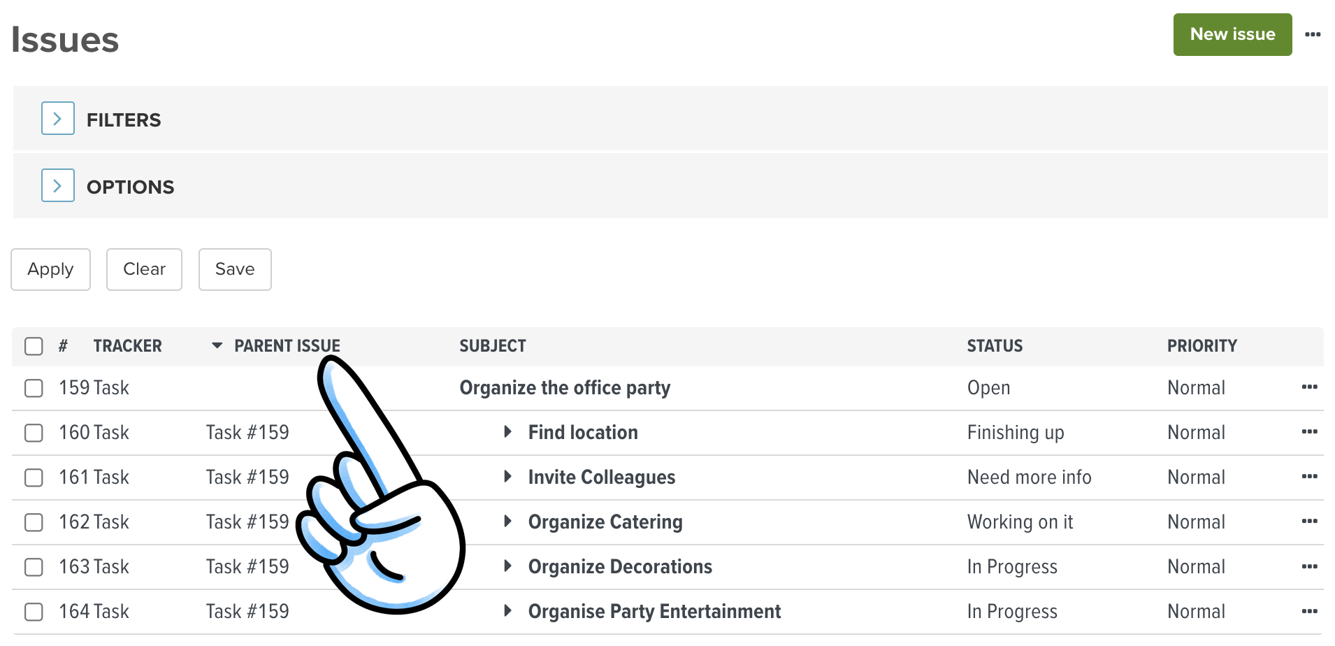 Issue list in Planio showing the issues sorted according to their hierarchy