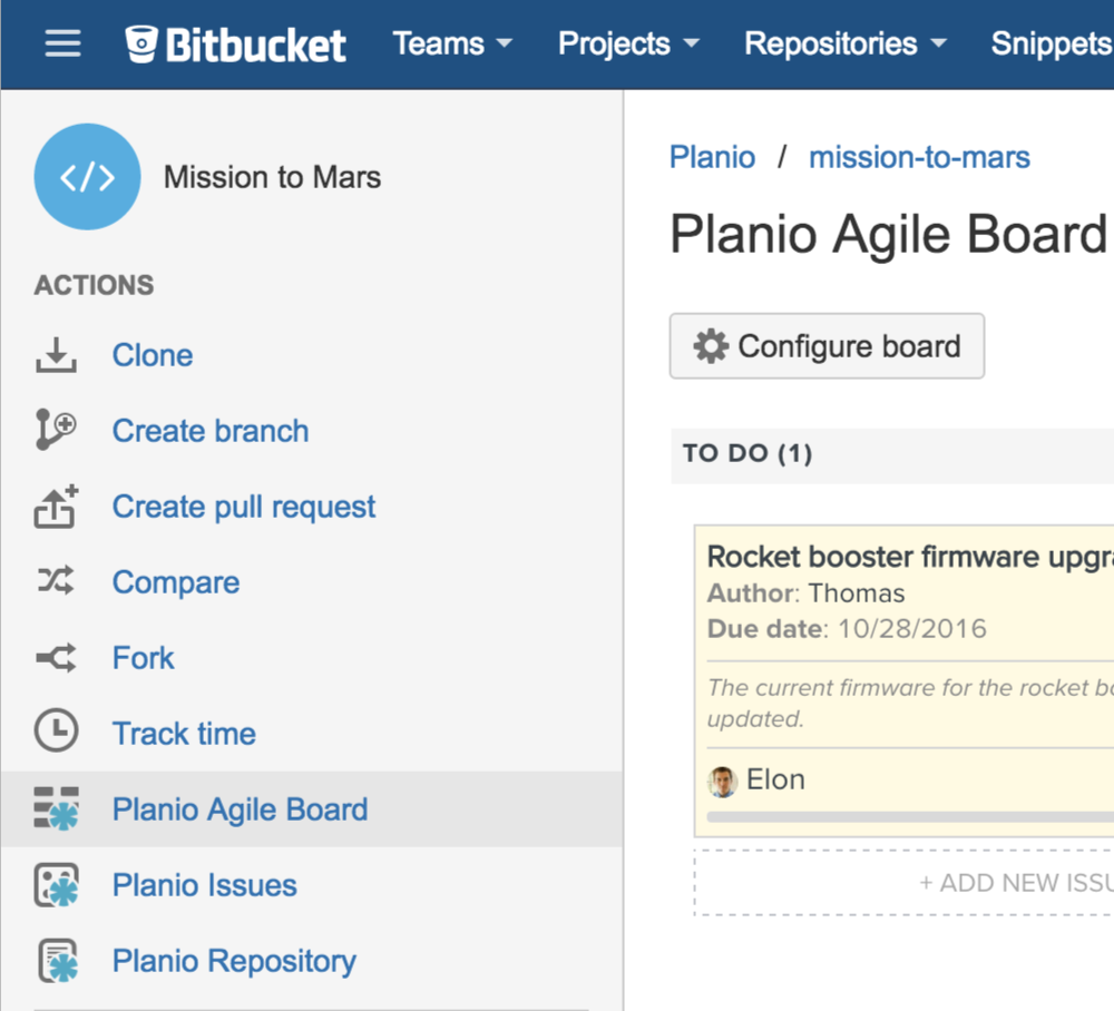 A view of the Planio Agile board in Bitbucket