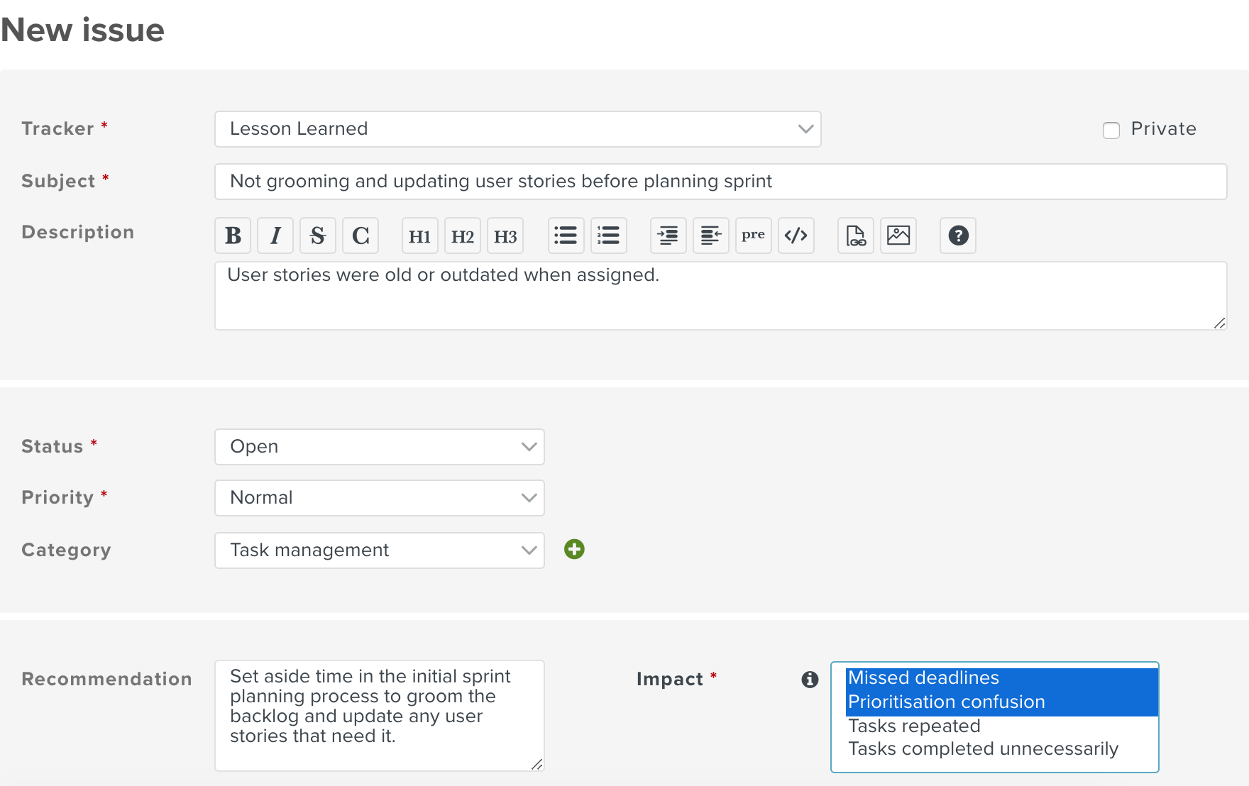 Screenshot of a Planio Lessons Learned issue in which it is recommended to always update user stories before planning a sprint.
