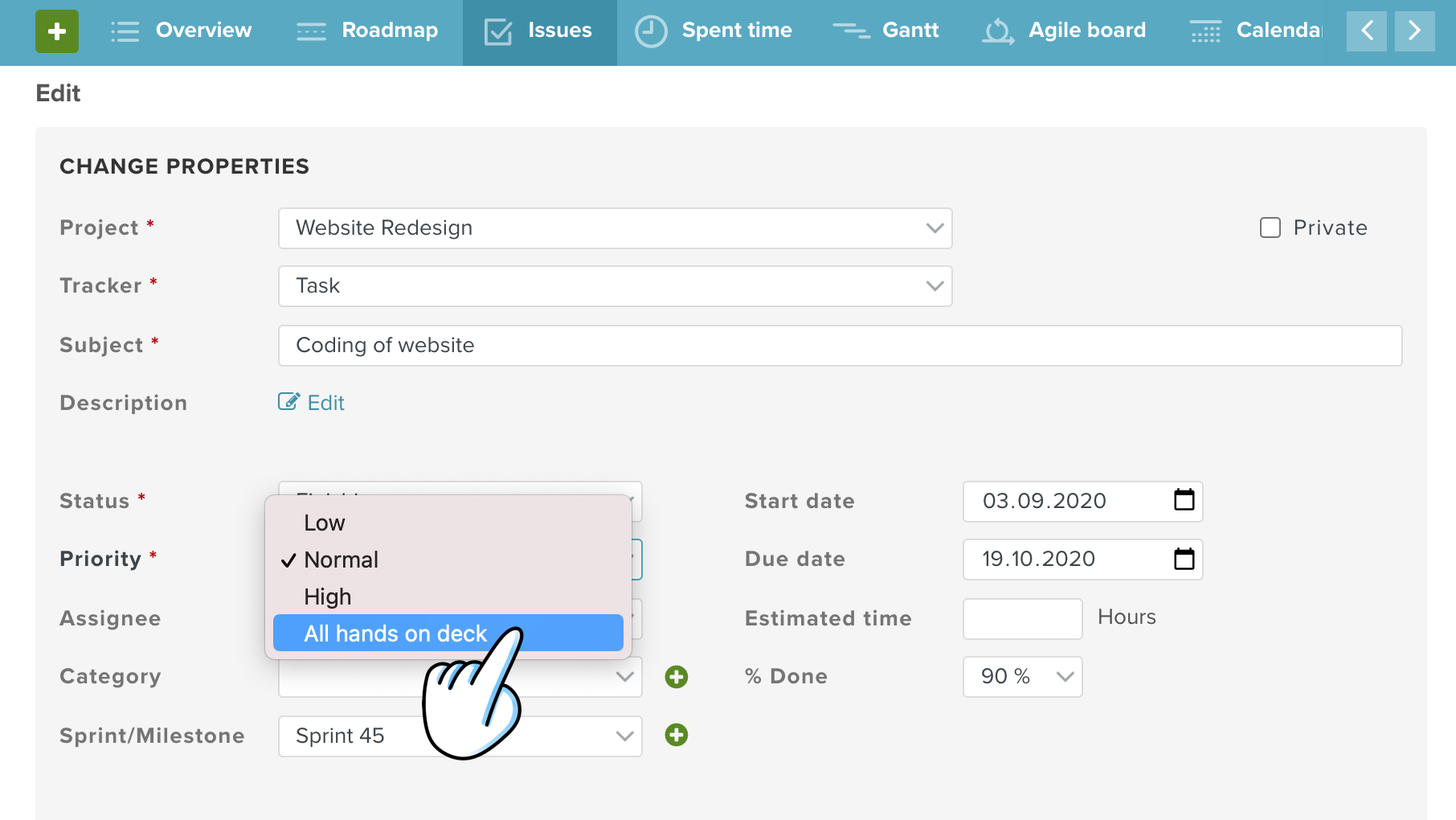 Setting one of your custom designed priorities in a Planio issue