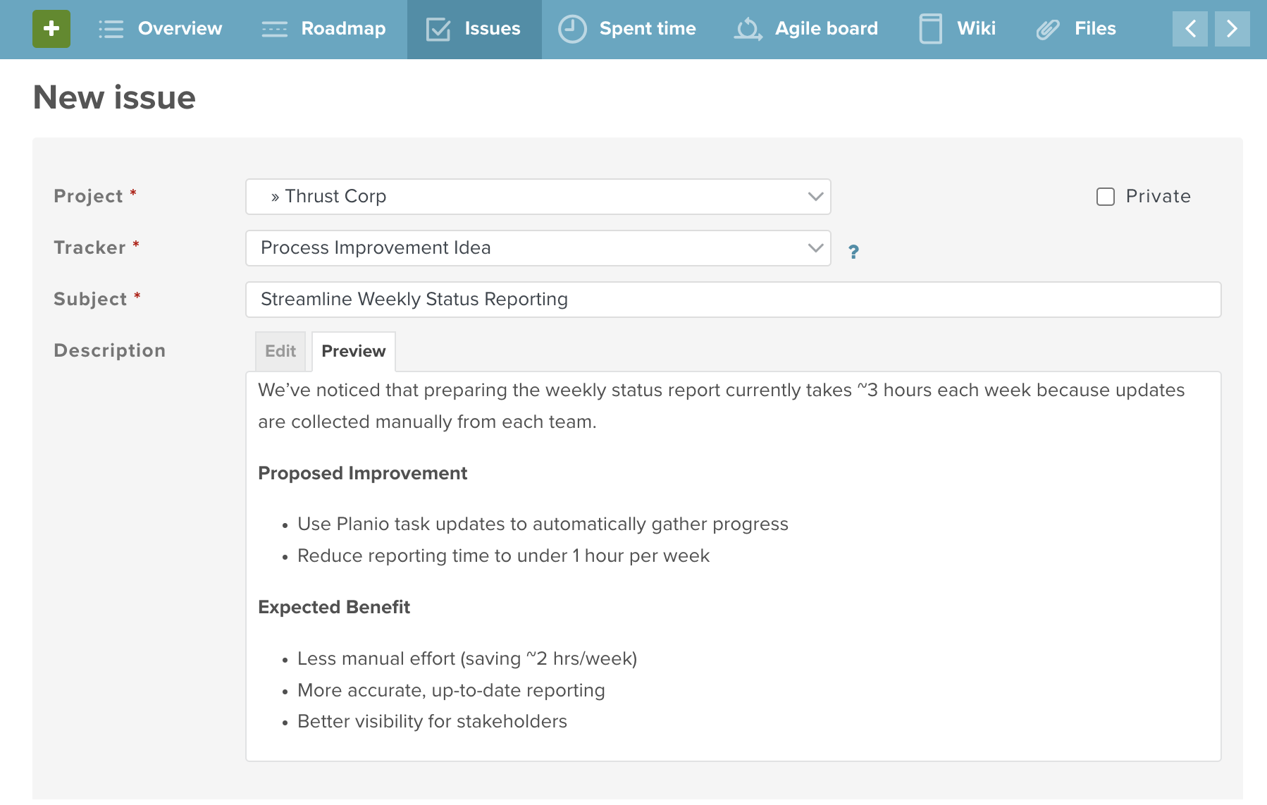Screenshot of a Planio detailling a process improvement suggestion