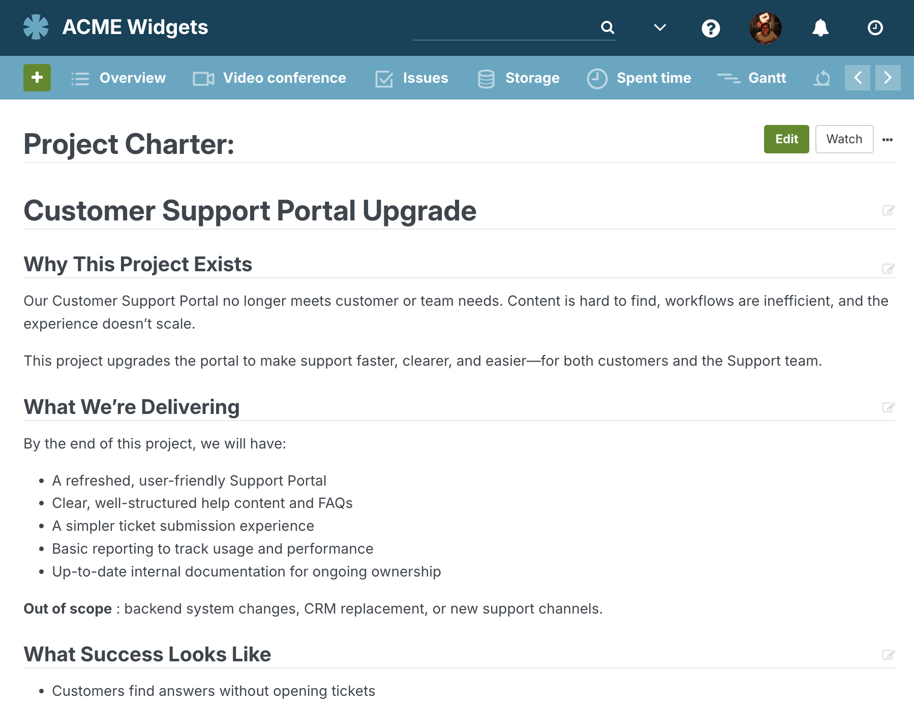 Screenshot showing an example of a project charter document in the Planio wiki.