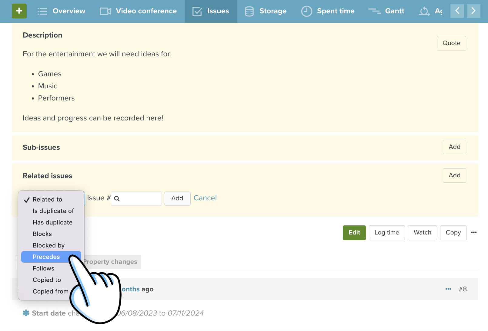 The related issues section in a Planio issue with the drop down menu open