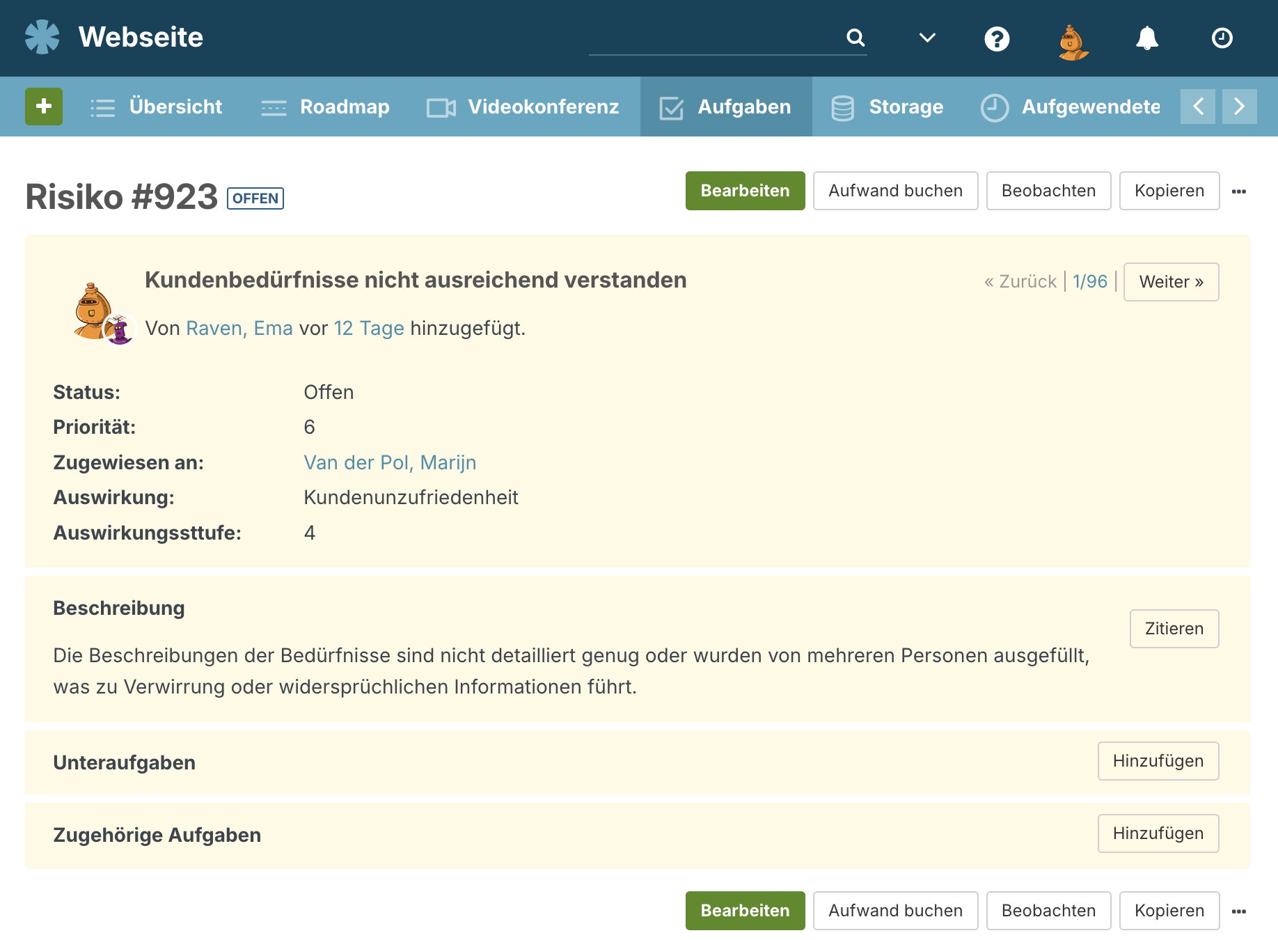 Tracker für Risiken in Planio