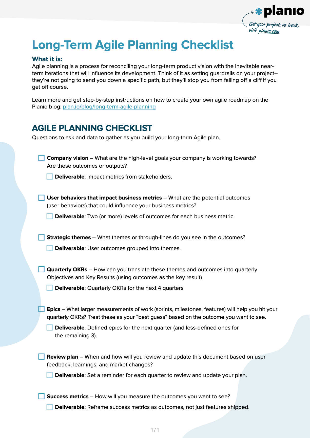 Screenshot long term agile checklist