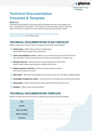Technical documentation checklist and template screenshot