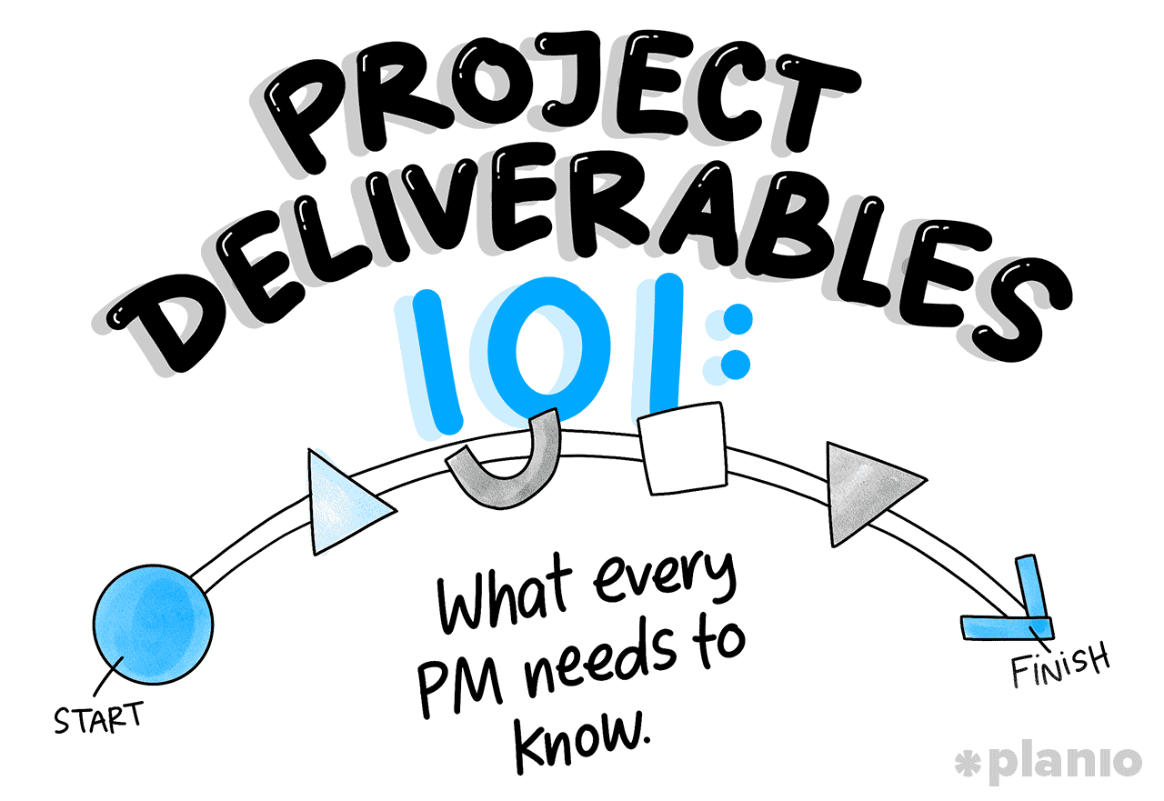 Project deliverables 101 and what every PM needs to know: Illustration in blue, black, white and grey showing the title of the blog and an arching arrow labeled from 