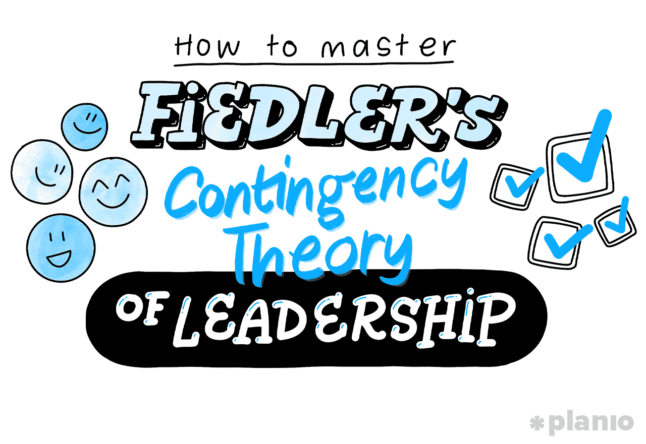 How to master Fiedler’s Contingency Theory of Leadership: Illustration in blues and black showing the title, some happy faces and some ticked boxes
