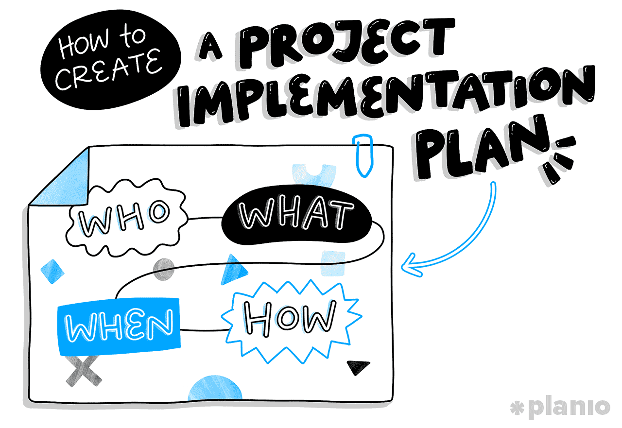 How to create a project implementation plan: Illustration in blues and white showing the title of the blog and some stacked bar graphs.