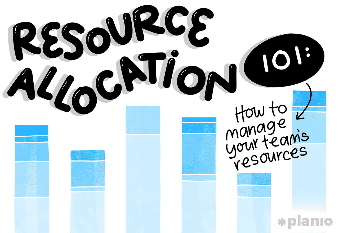Resource allocation 101. How to manage your team’s resources: Illustration in blues and white showing the title of the blog and some stacked bar graphs.