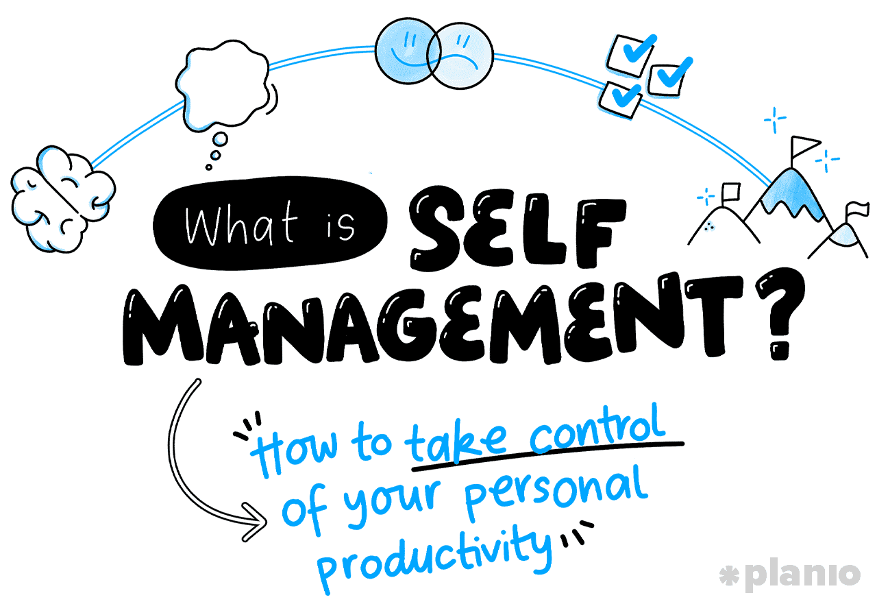 What is self management? How to take control of your personal productivity: Illustration in blues and black showing an arch spanning over a brain, a thinking cloud, happy and sad faces, ticked checkboxes and some mountains with a flag on top.