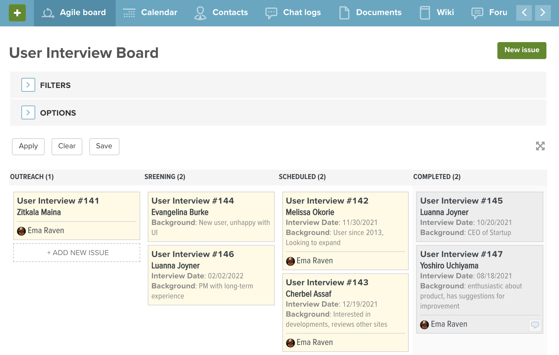 Screenshot of Planio showing an Agile board used for keeping track of user interviews. The tiles show the name, interview date and personal background